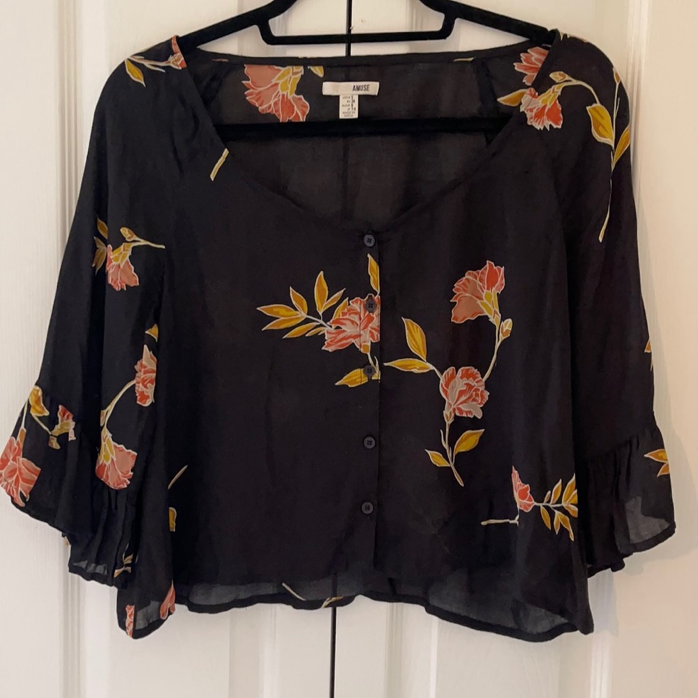 Floral bell elbow sleeve lightweight button down crop top